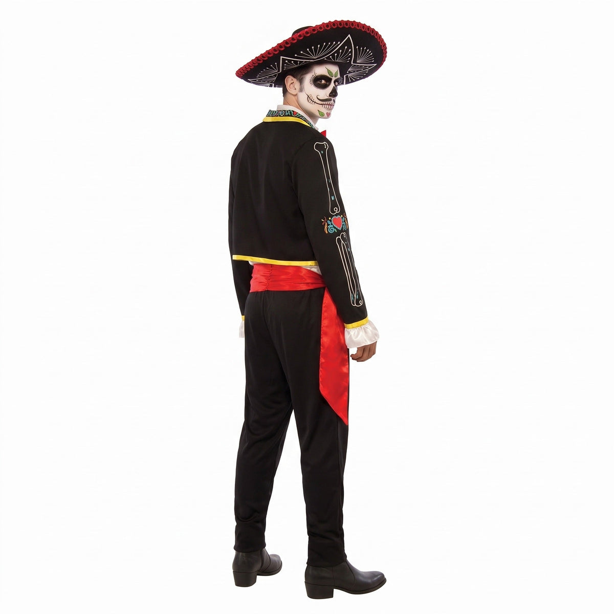 Man wearing black skeleton jacket, red sash, and black sombrero, rear view | Chaps London