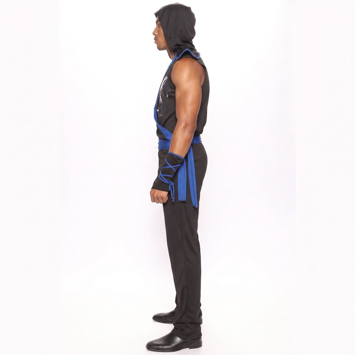 Man wearing black hooded ninja tunic with blue sash, side view | Chaps London