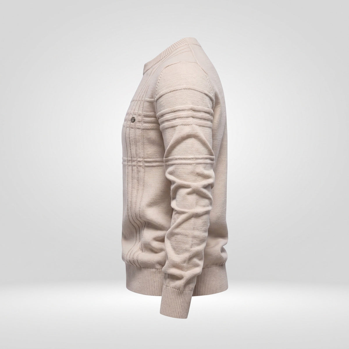 Beige knitted crew neck jumper with ribbed texture on mannequin torso | Chaps London