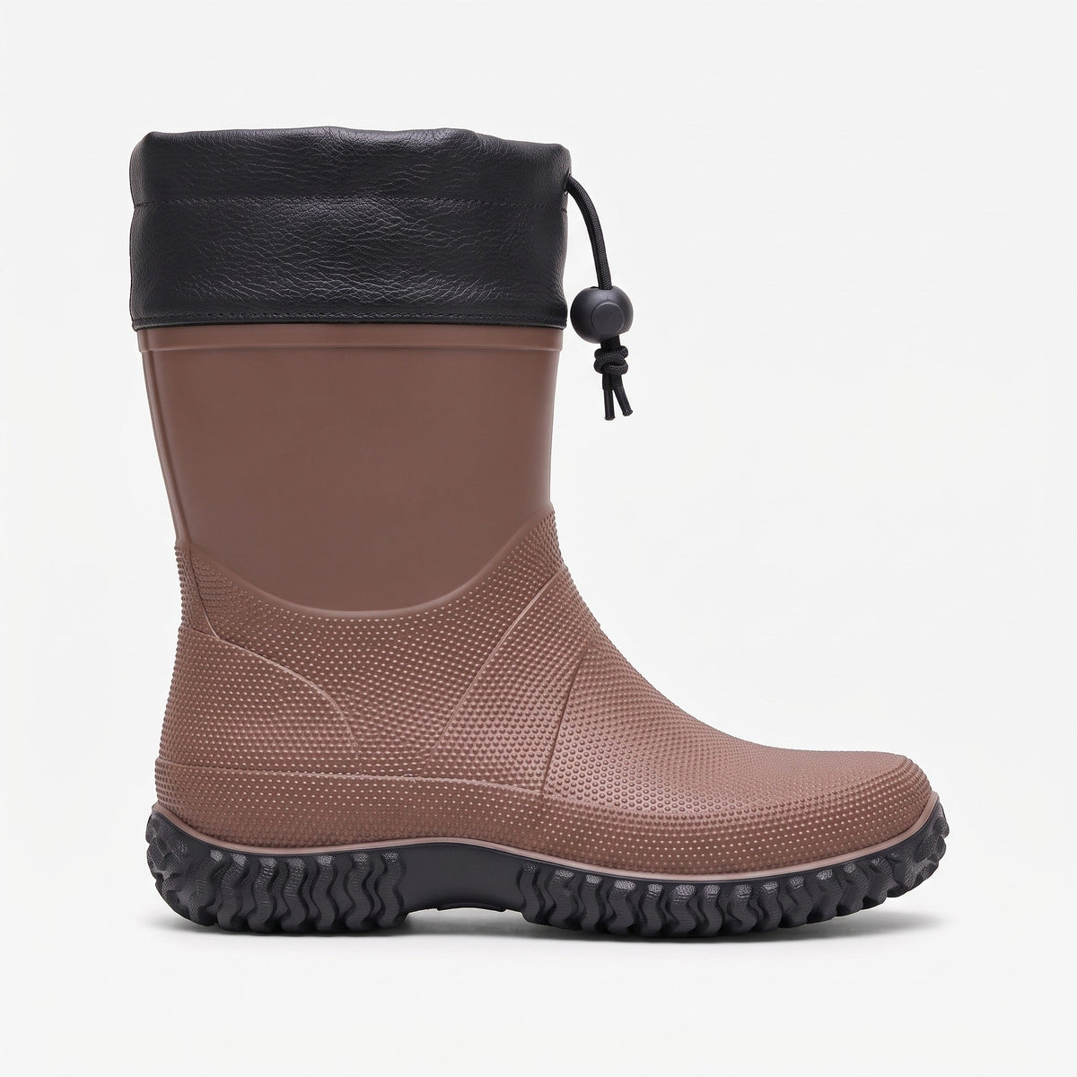 Brown ankle wellington boot with black drawcord collar, shown standing alone | Chaps London