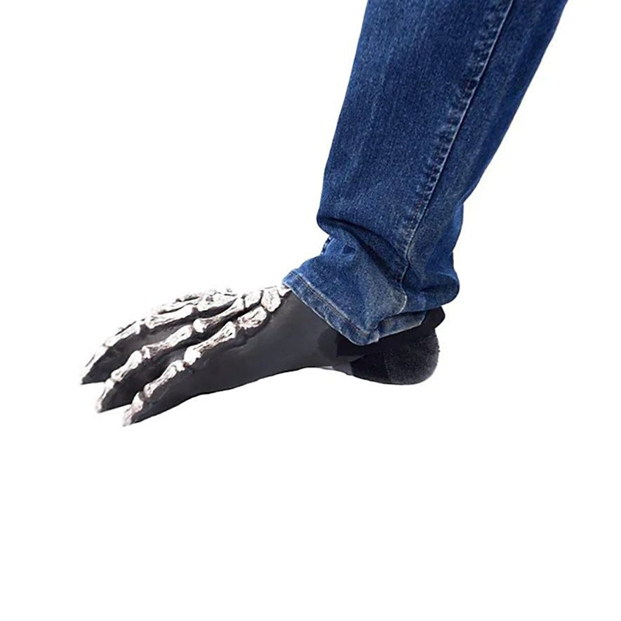 Black skeleton foot shoe cover worn over jeans and sock | Chaps London