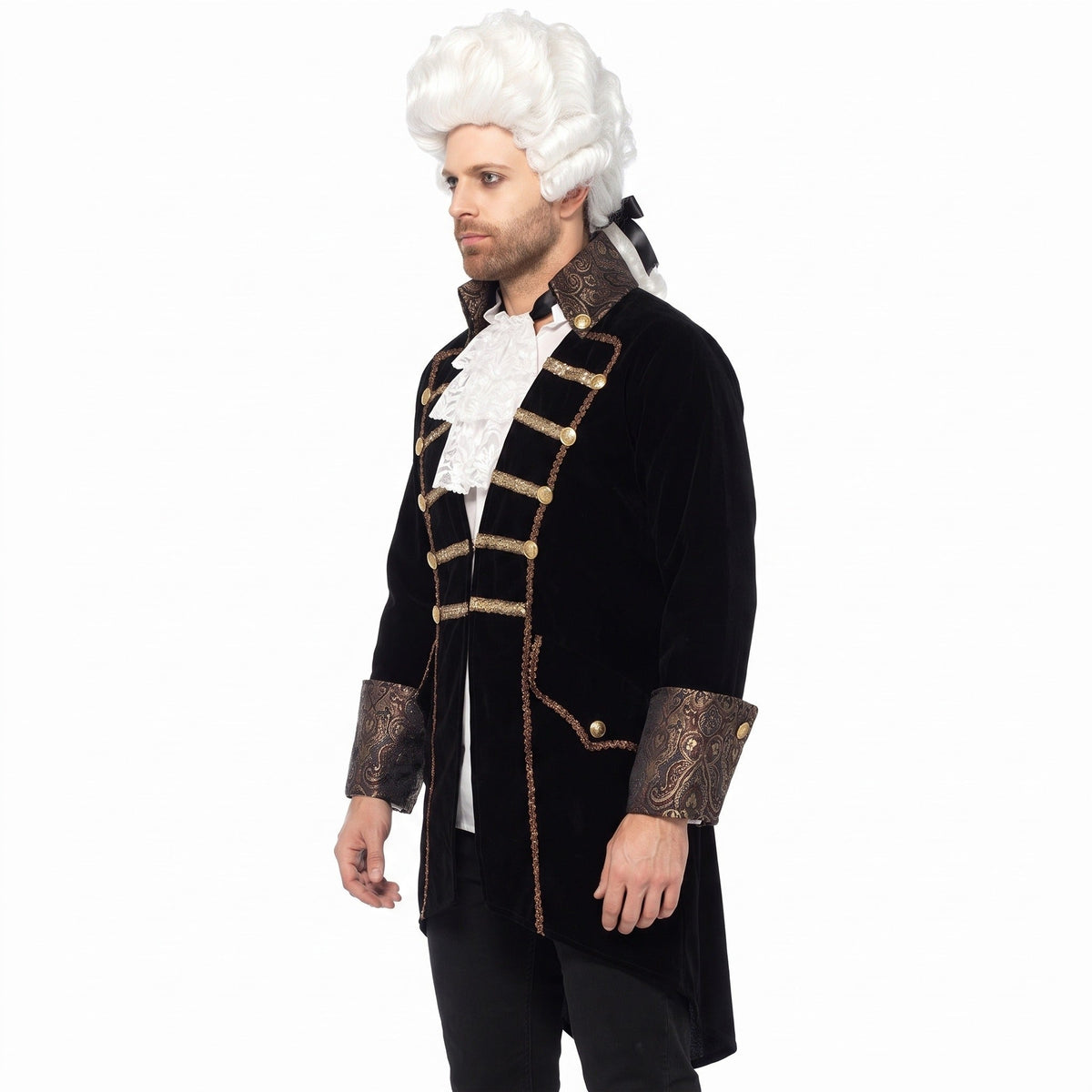 Man wearing black velvet jacket with gold brocade cuffs and wig | Chaps London