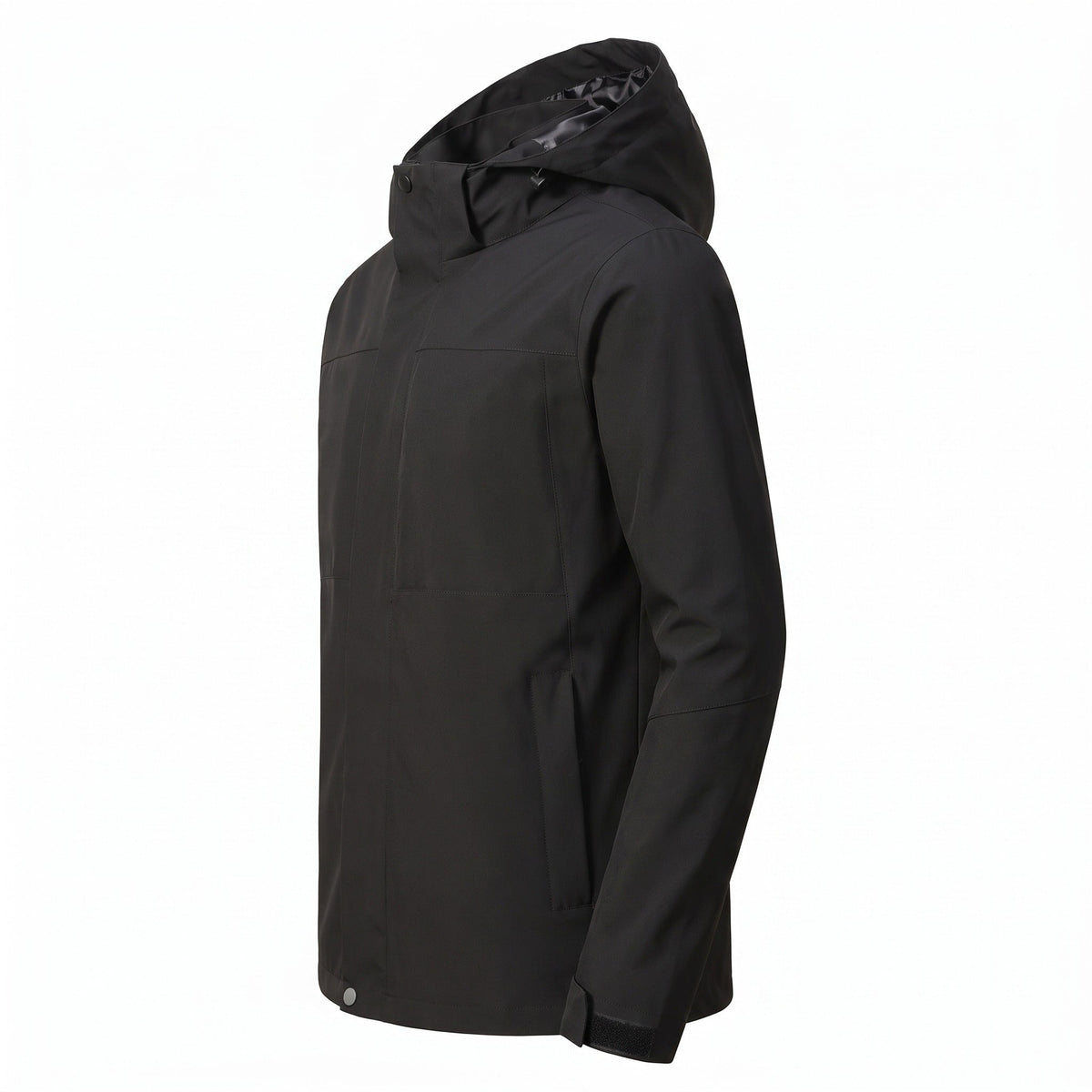 Black hooded jacket with zipper, shown on mannequin torso, side view | Chaps London