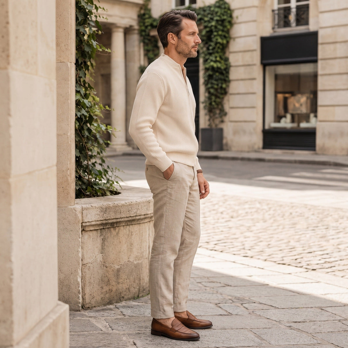 Man wearing cream ribbed zip cardigan with beige trousers on cobblestone street | Chaps London