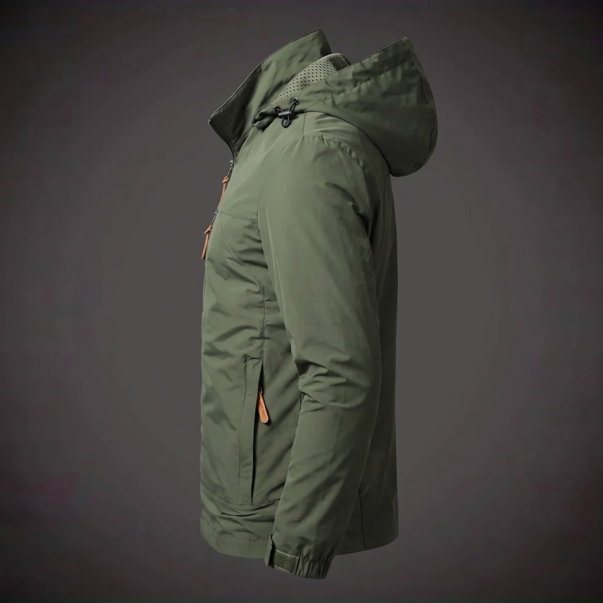 Olive green hooded windbreaker jacket with drawstring details, shown on mannequin side view | Chaps London