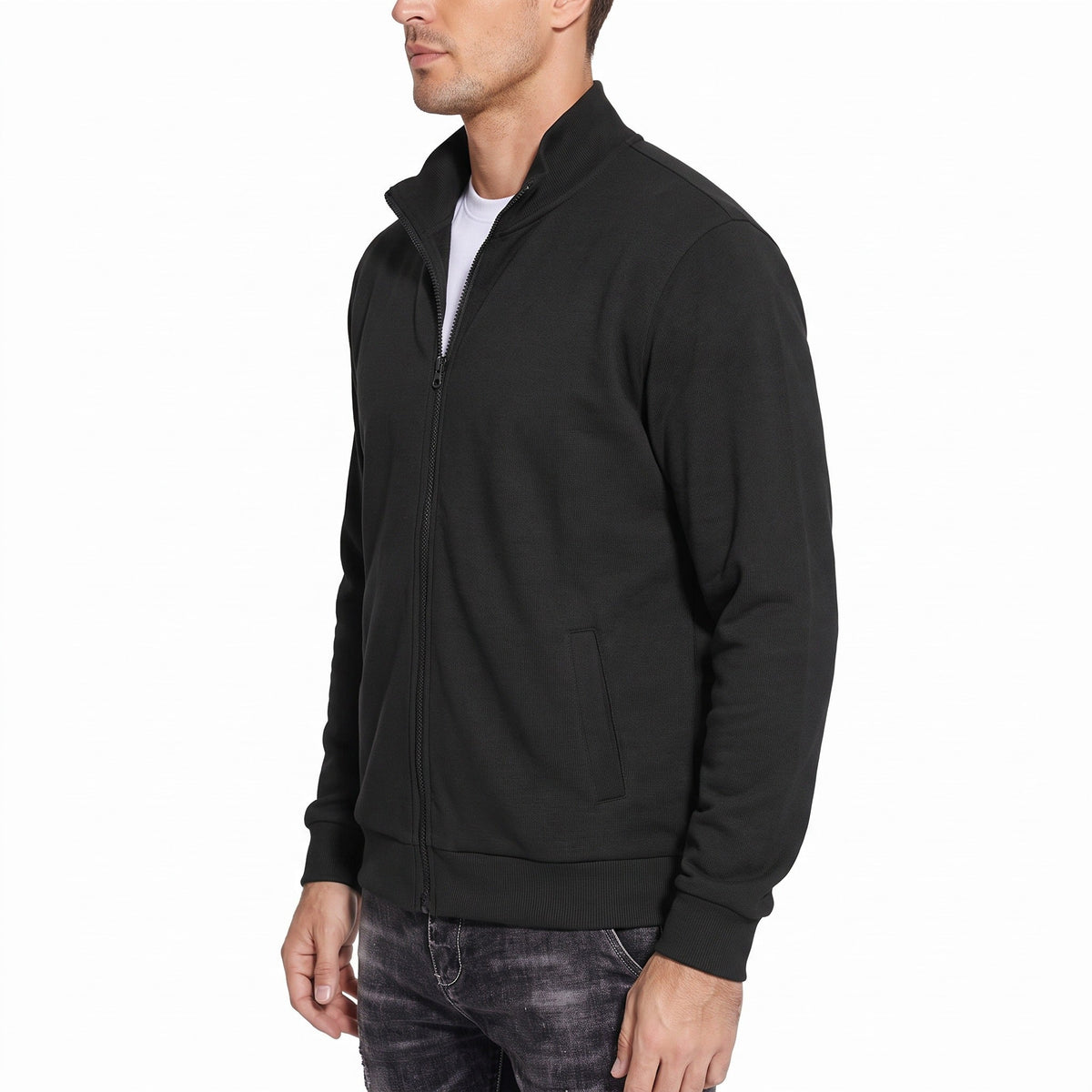 Man wearing black zip-up stand collar jacket with front pockets, side view | Chaps London