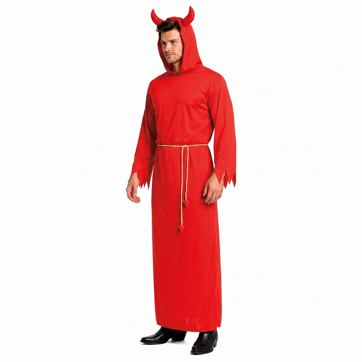 Man wearing red hooded devil costume with horns and rope belt | Chaps London