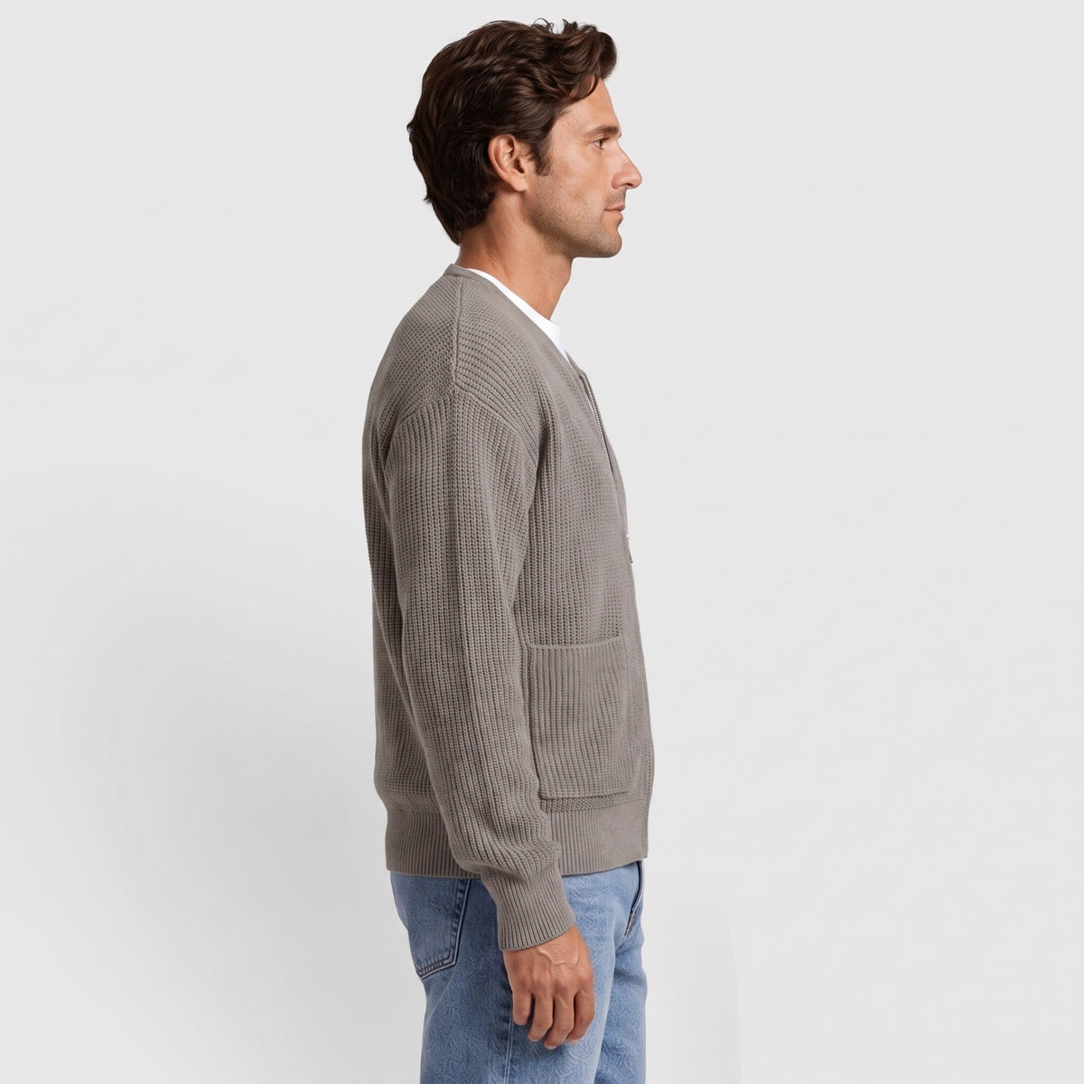Man wearing gray ribbed knit cardigan with front pockets, side view | Chaps London