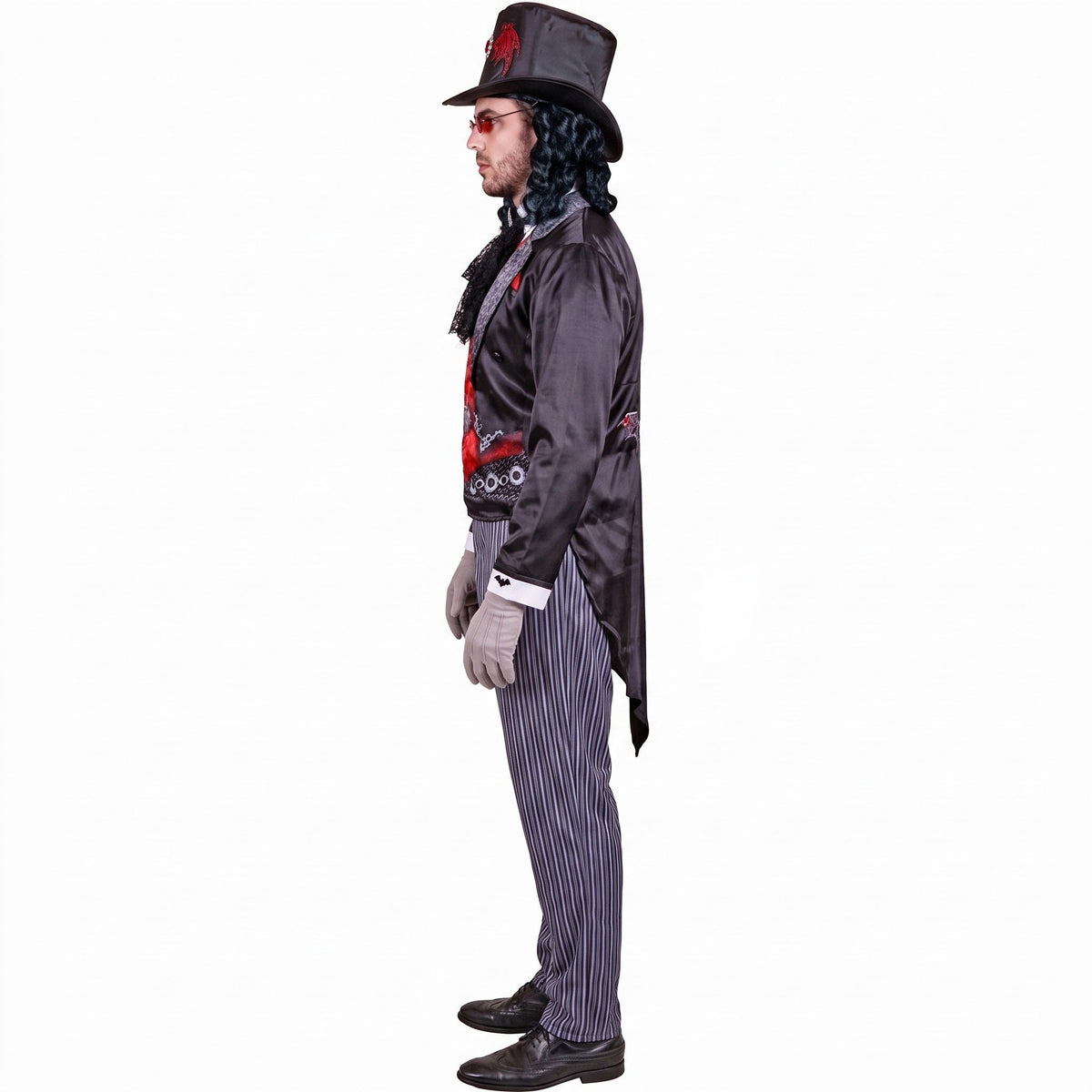 Man wearing black tailcoat, striped trousers, top hat, side profile view | Chaps London