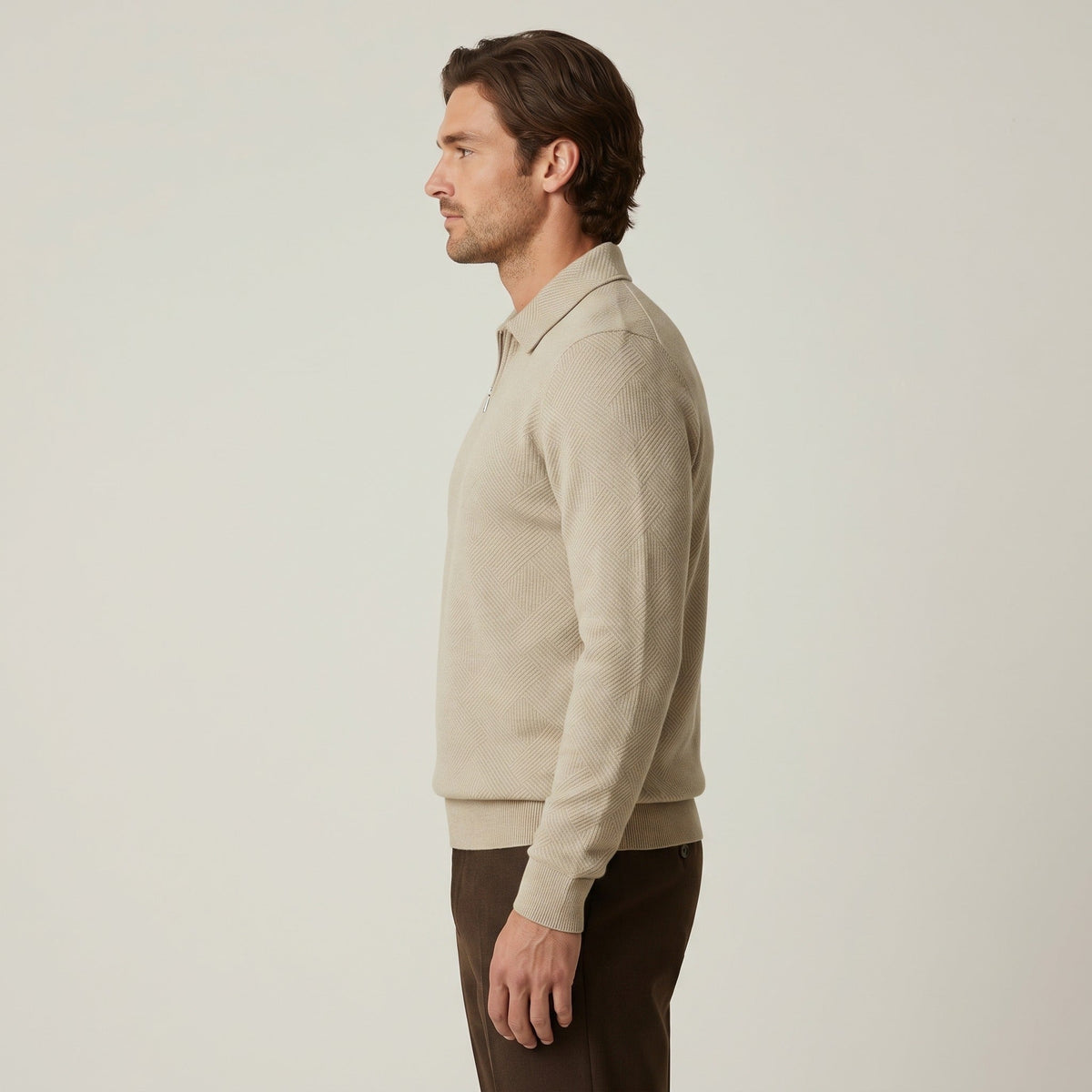 Man wearing beige textured knit half-zip polo jumper with dark trousers | Chaps London
