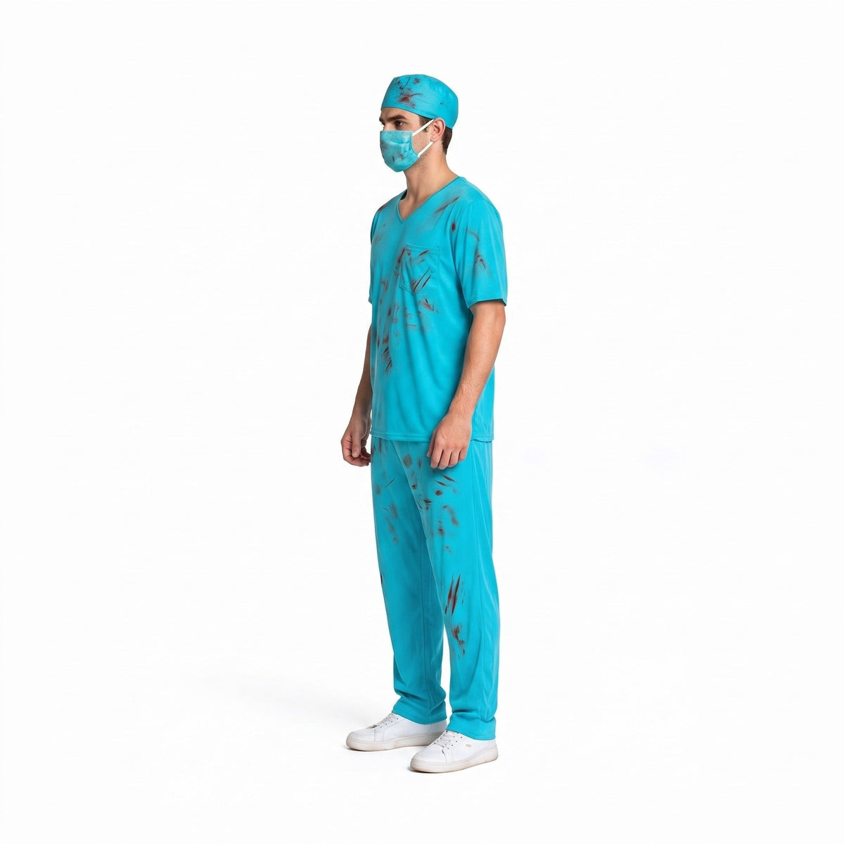 Man wearing teal blood-splattered scrub costume with cap and face mask | Chaps London