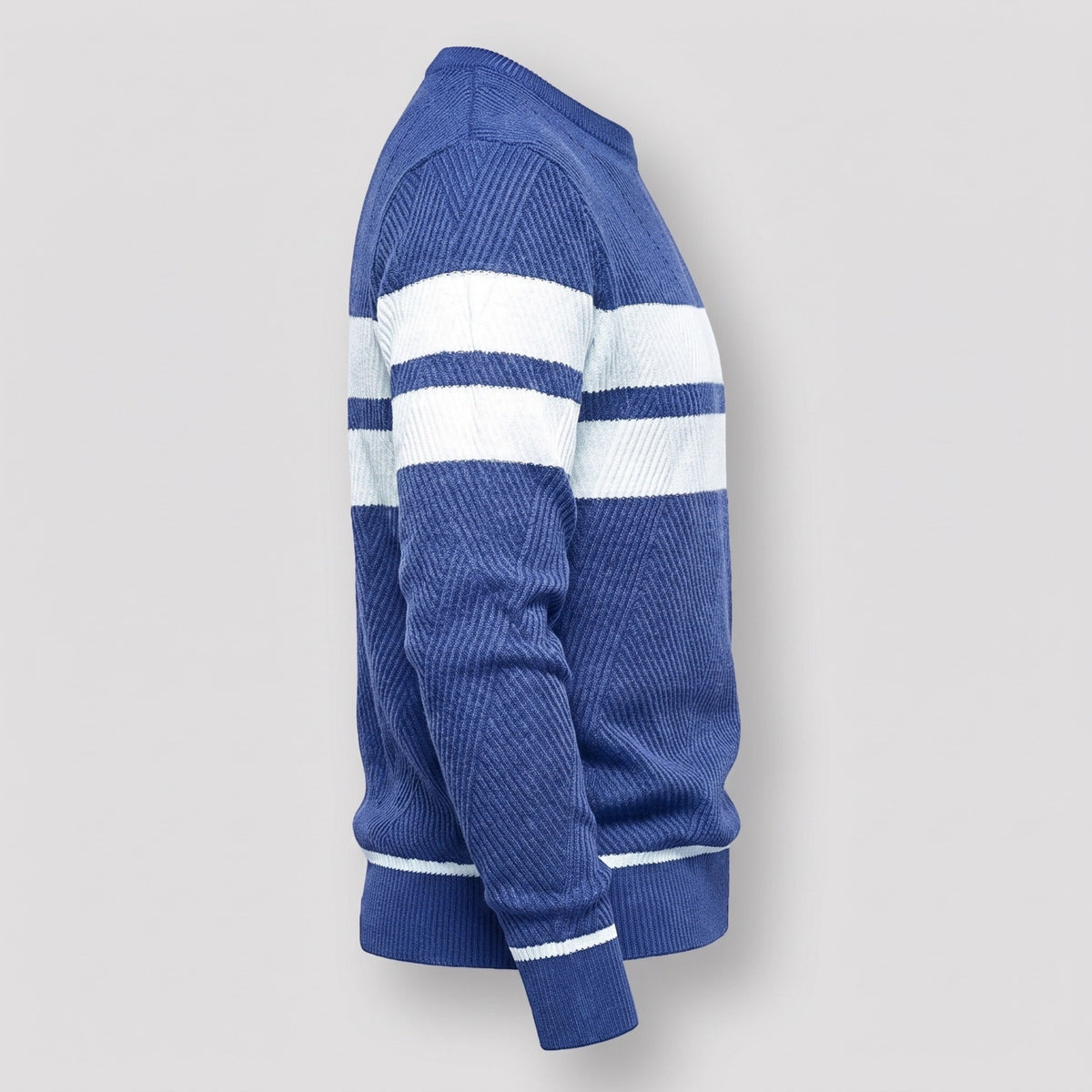 Blue knitted jumper with white stripes, side view, worn by model | Chaps London