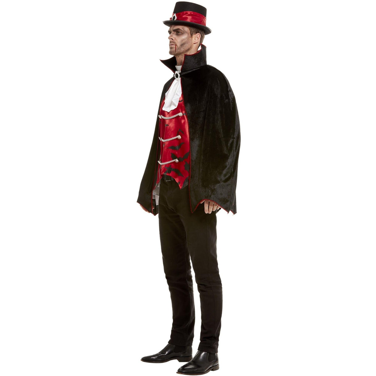 Man wearing black cape, red waistcoat, jabot shirt, and top hat | Chaps London