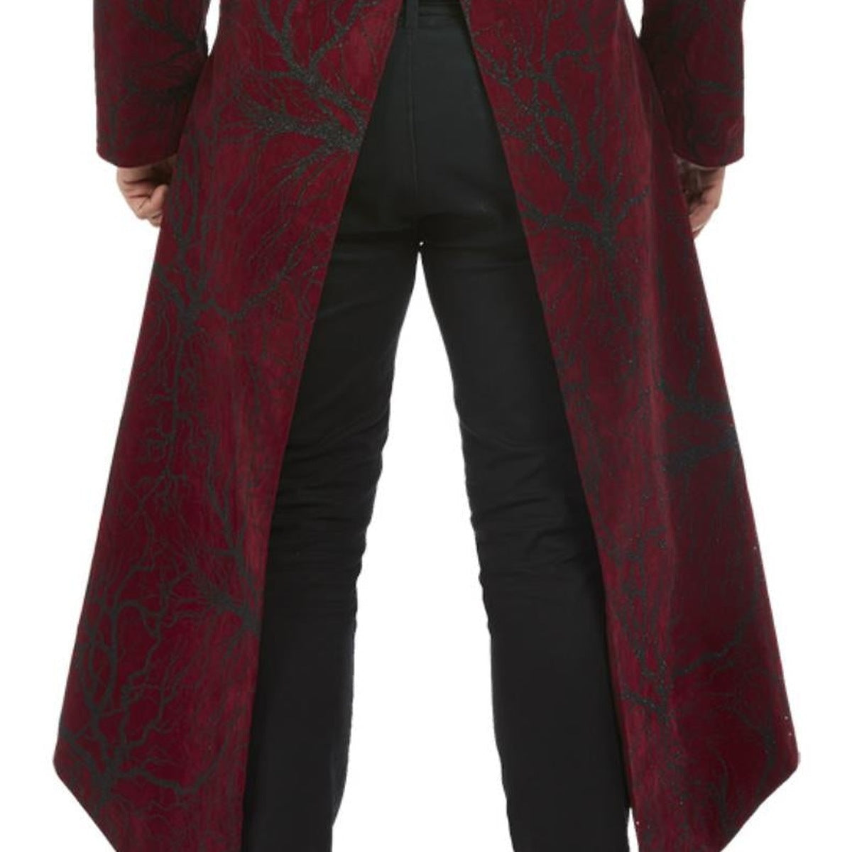 Burgundy tailcoat with black branch pattern, worn by person, back view | Chaps London
