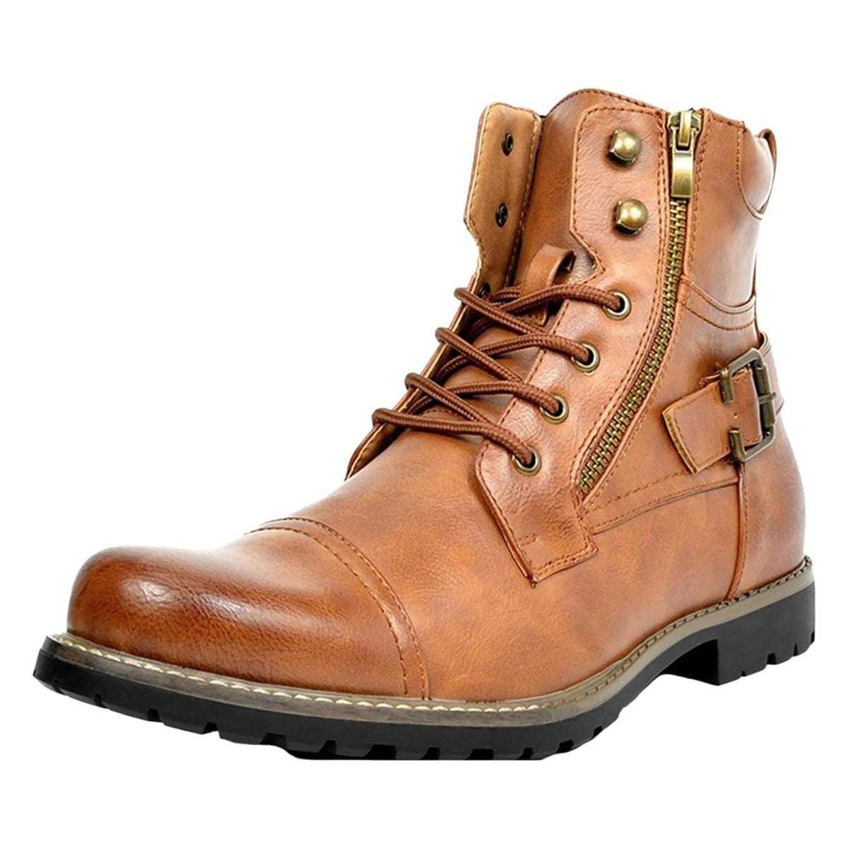Brown leather lace-up boot with side zipper and buckle strap detail | Chaps London