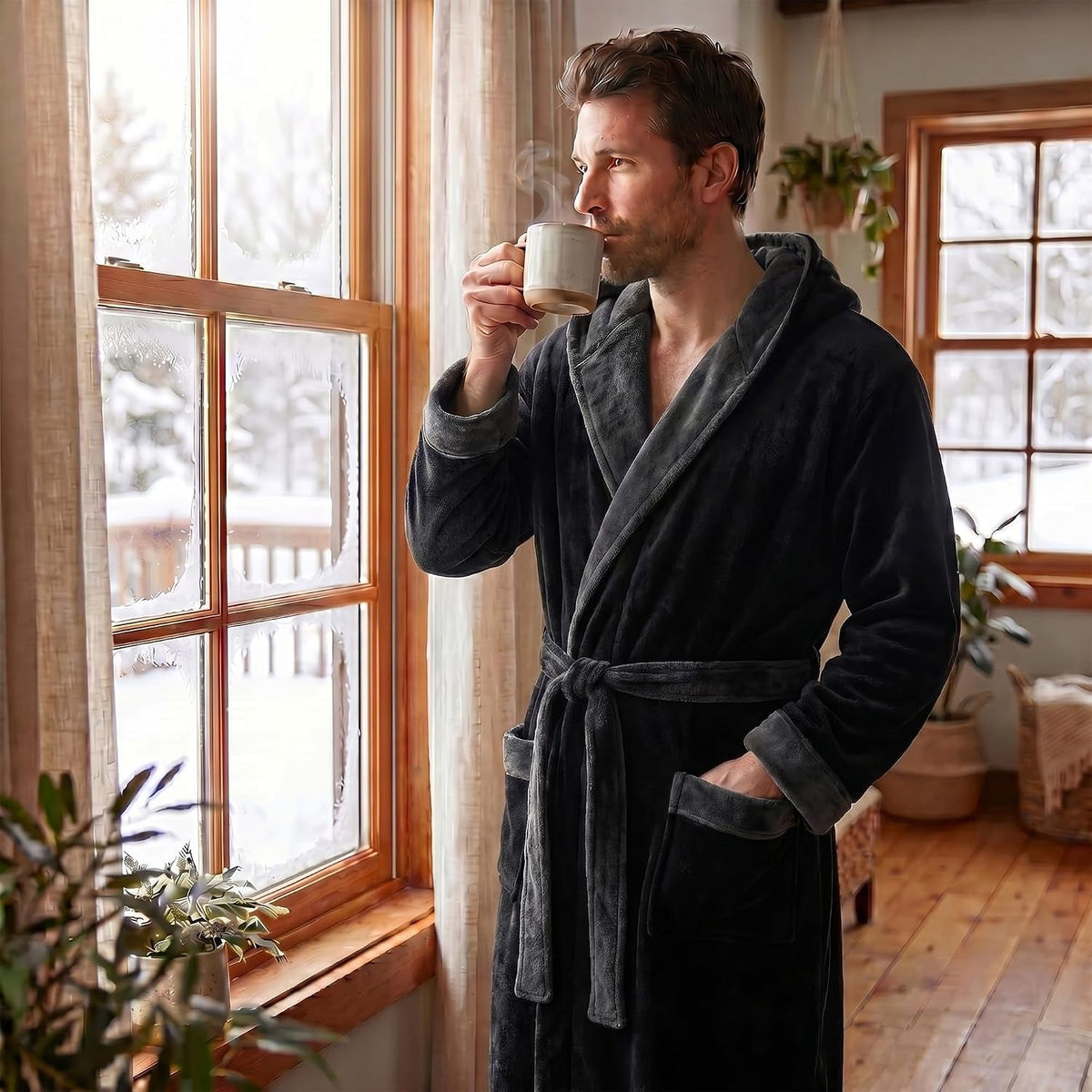 Men's Hooded Fleece Dressing Gown | Two Tone | 10 Colours