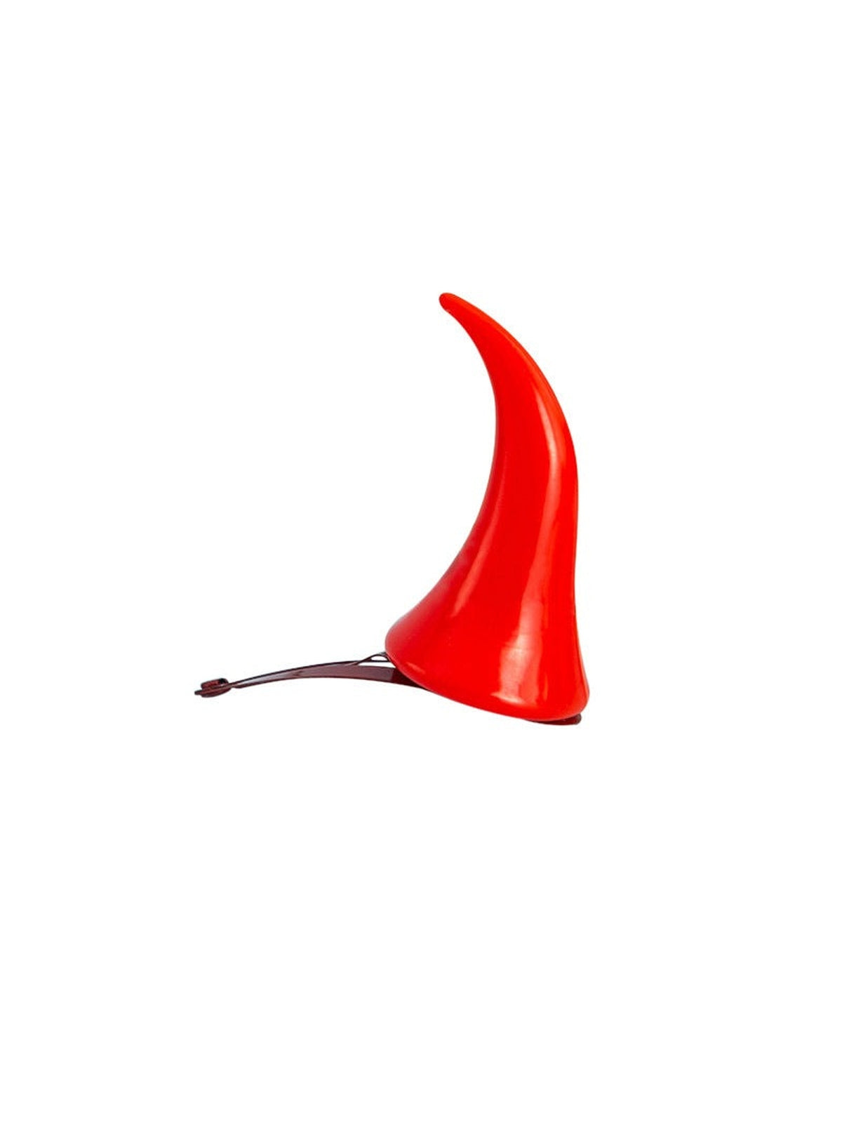 Single red devil horn with hair clip, side view