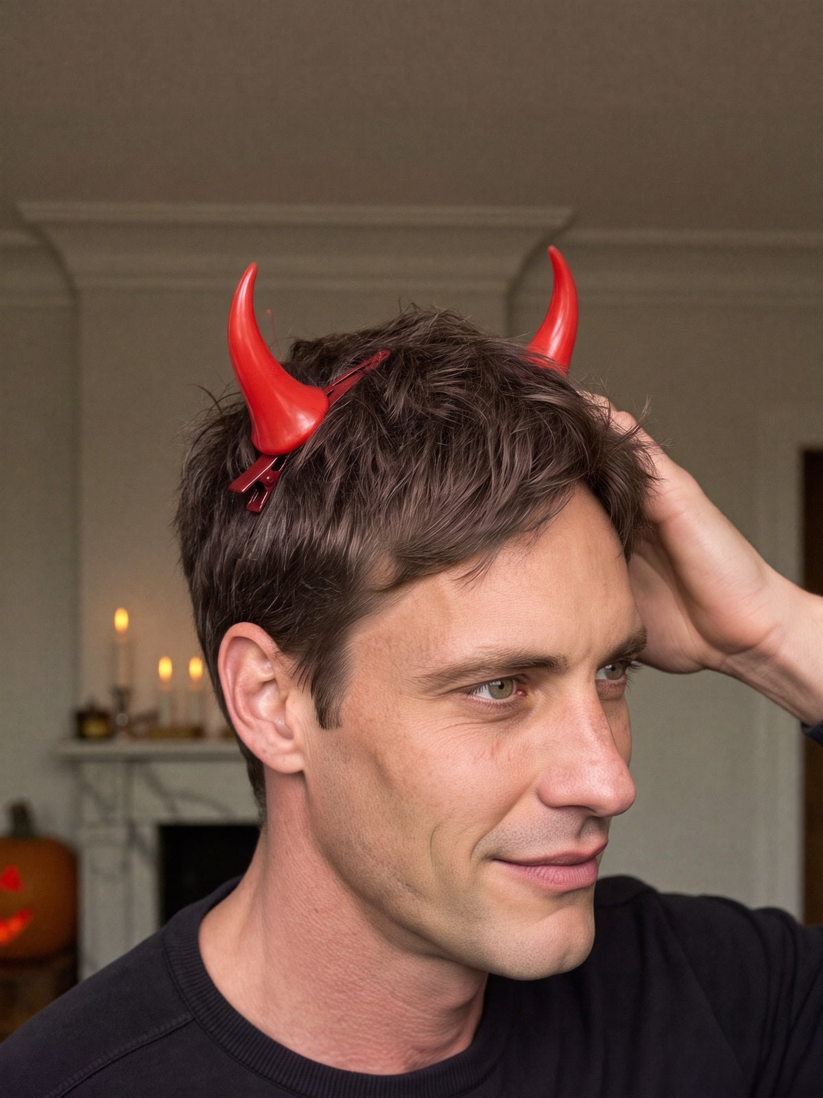 Model wearing the red devil horn clips in the hair