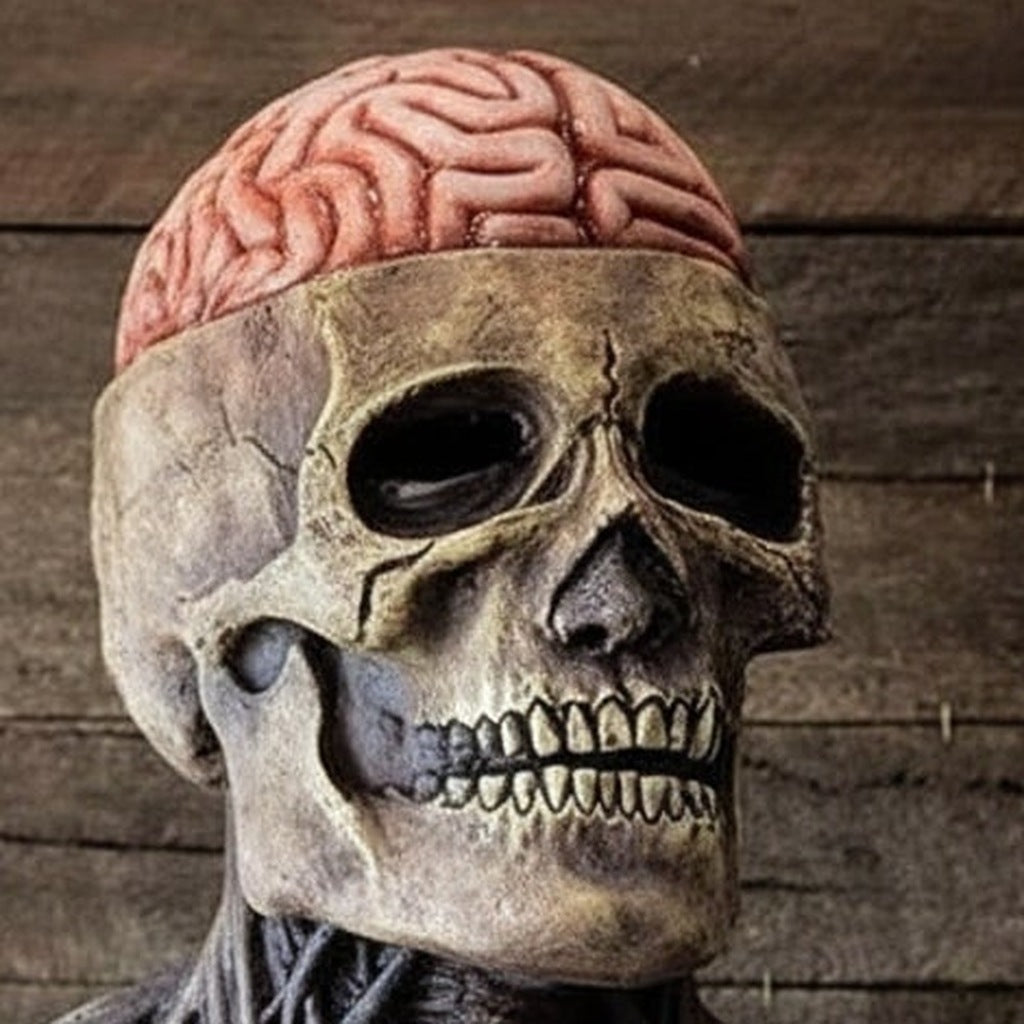 Gray skull mask with exposed brain top, worn on mannequin | Chaps London