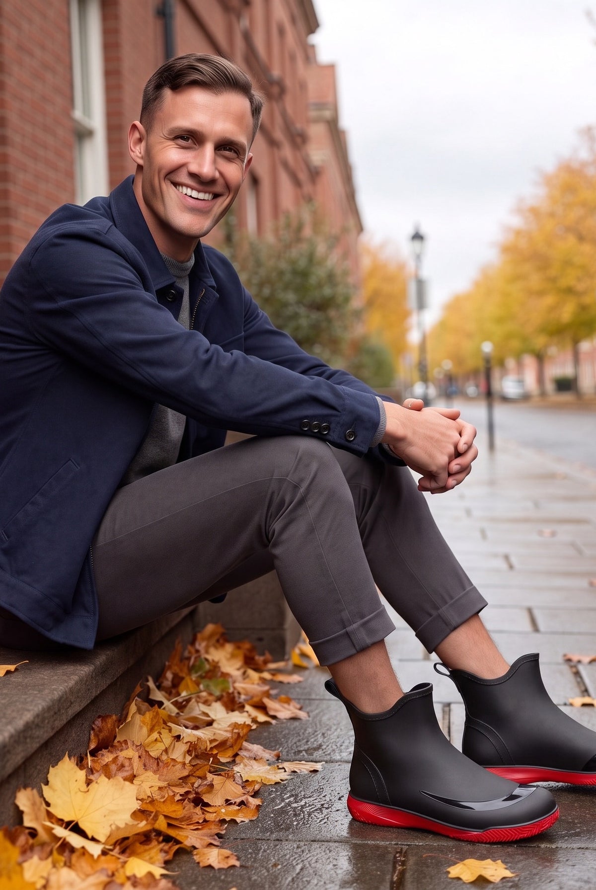 Man sitting on front steps wearing the black wellies with red soles