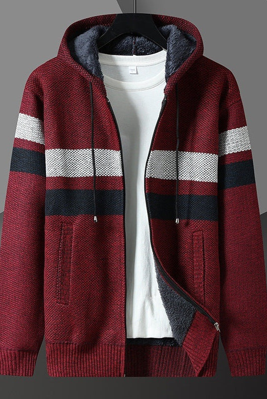 Men's Striped Knit Hooded Cardigan | Teddy Lining | 5 Colours