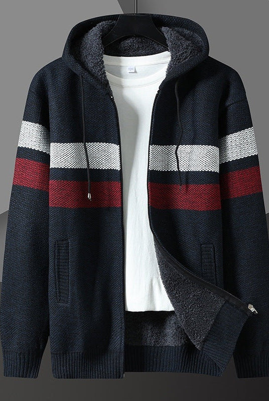 Men's Striped Knit Hooded Cardigan | Teddy Lining | 5 Colours