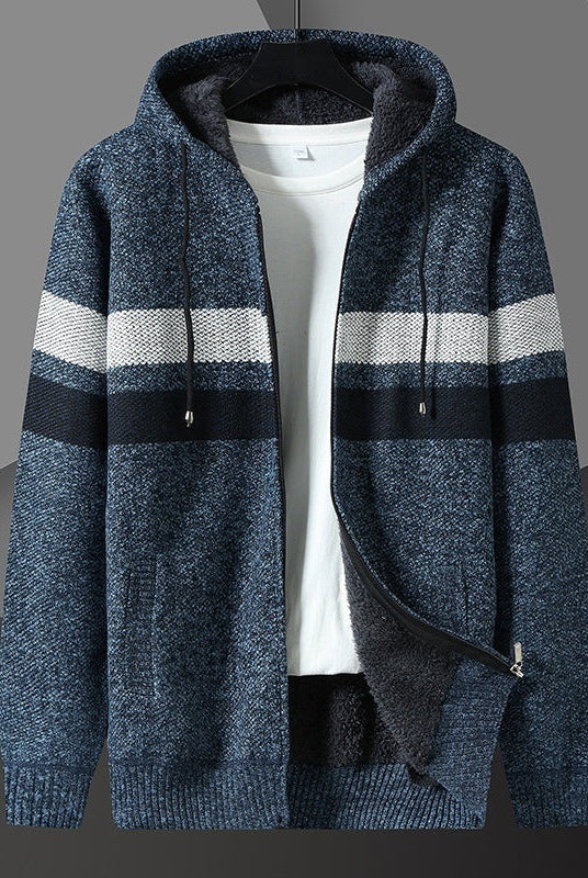 Men's Striped Knit Hooded Cardigan | Teddy Lining | 5 Colours