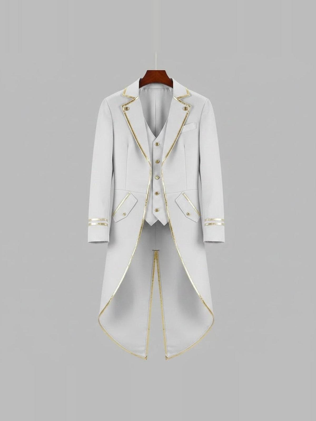White Victorian tailcoat with gold trim, front and back