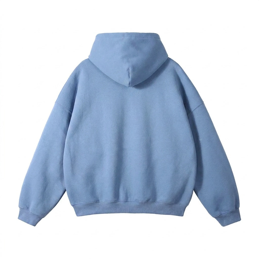 Light blue oversized hoodie, back view, flat lay on white background | Chaps London