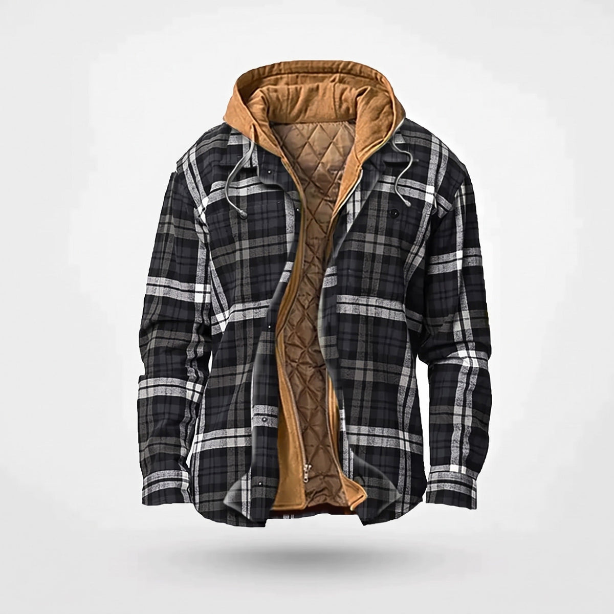 Black and gray plaid hooded shirt jacket with tan quilted lining, displayed on mannequin | Chaps London