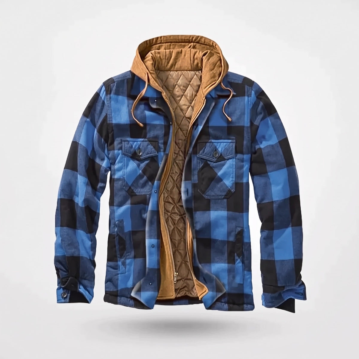 Blue and black buffalo plaid hooded jacket with tan quilted lining, open | Chaps London