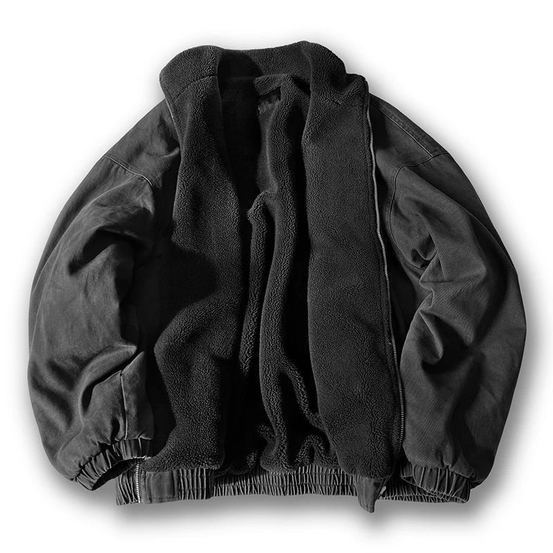 Black sherpa-lined jacket with stand collar, laid flat, unzipped | Chaps London