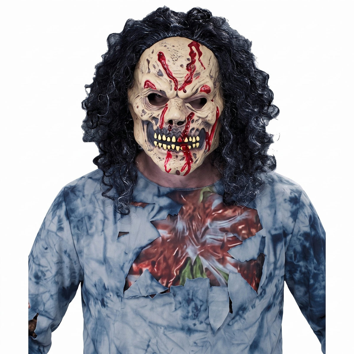 Close-up of the zombie mask with dark curly hair and the torn, bloody chest of the blue tie-dye top
