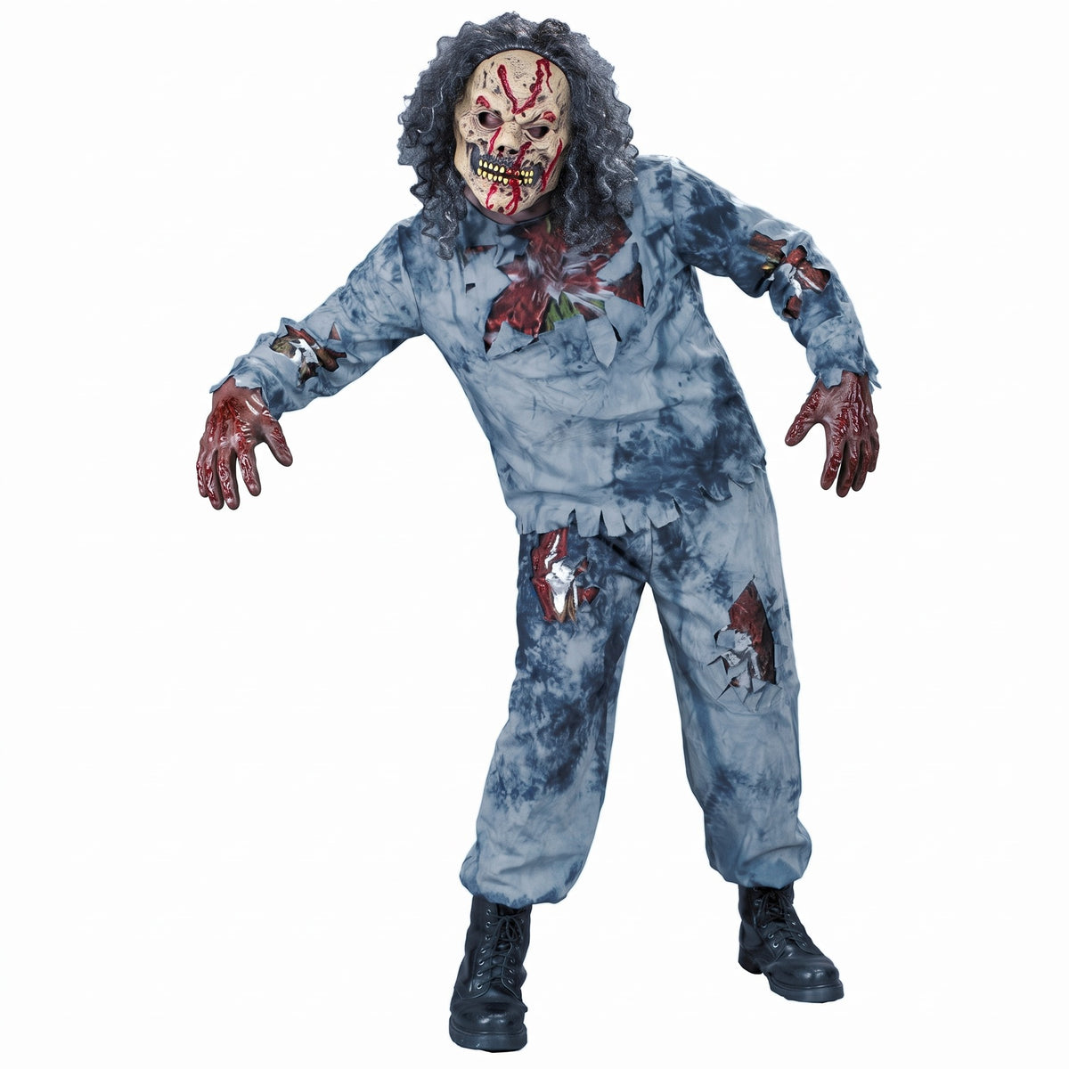 Zombie costume with a blue tie-dye top and trousers, rotting mask with dark curly hair and bloody gloves, full-body front view