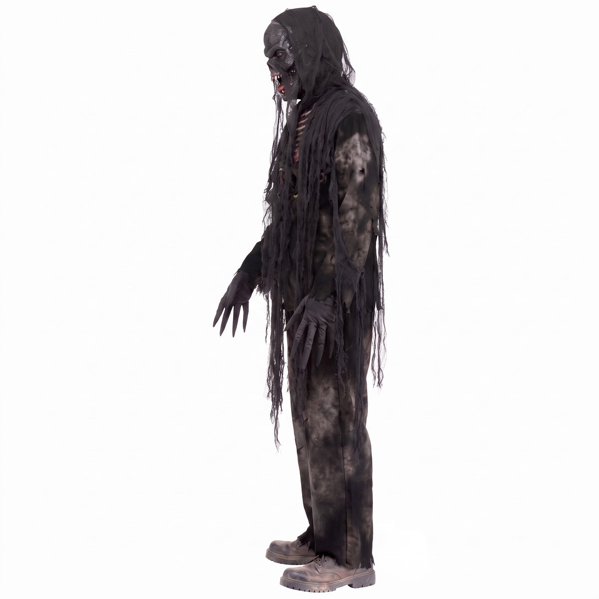 Gray tattered zombie costume with hood and mask on mannequin | Chaps London