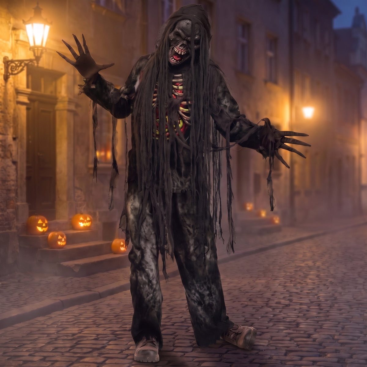 Man wearing tattered gray zombie costume with mask on foggy street | Chaps London