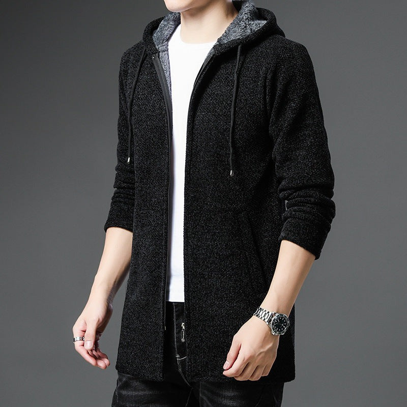 Men's knitted longline hooded cardigan in black, worn, front view