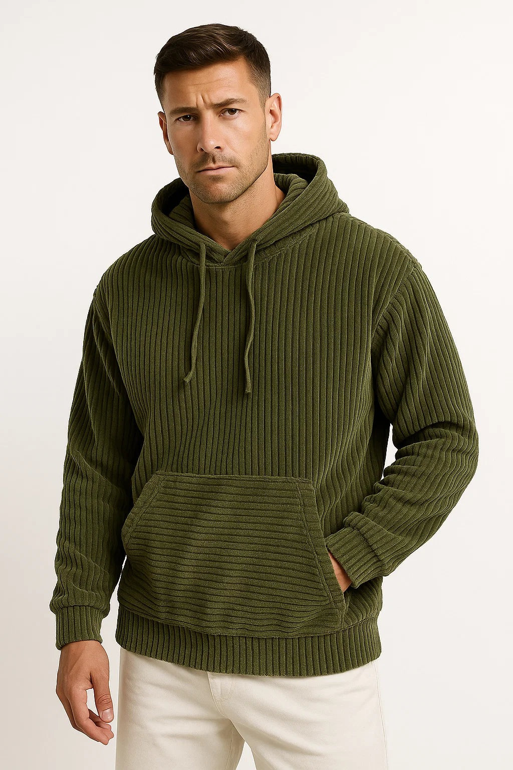 Men's corduroy hoodie in green, worn, front view