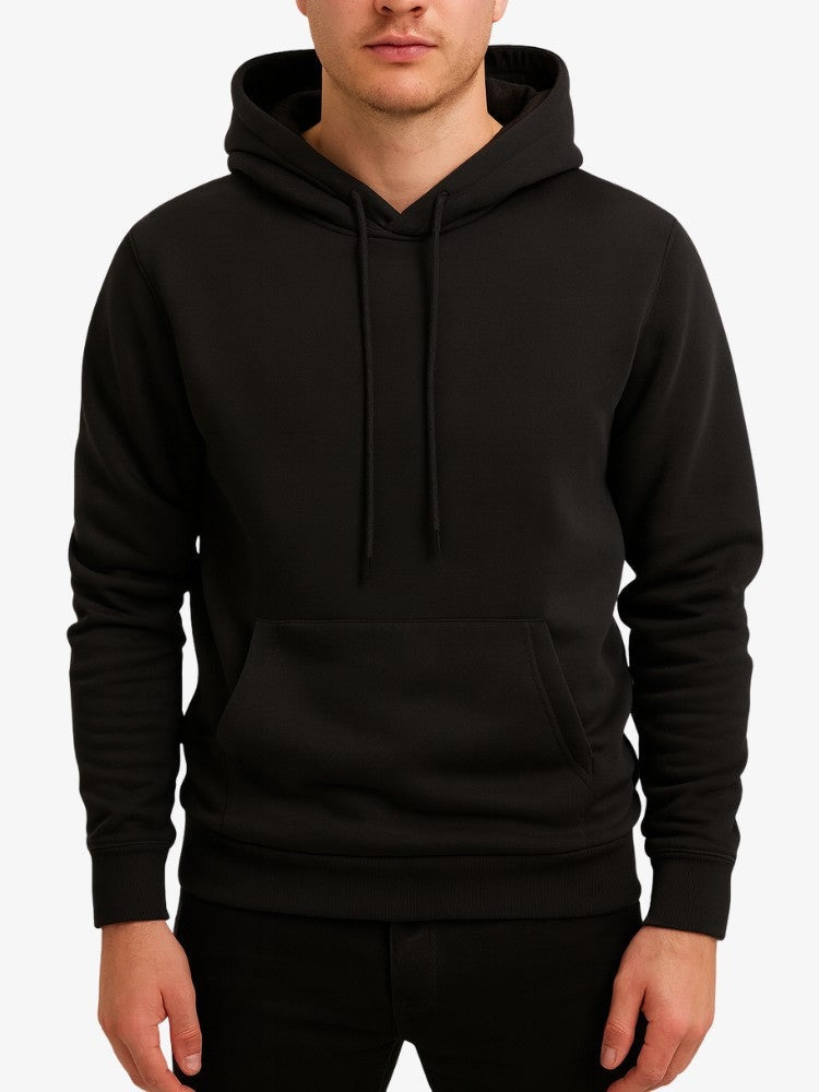 Men's soft-lined winter hoodie in black, worn, front view