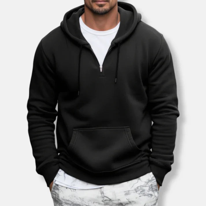 Men's quarter-zip hoodie in black, worn, front view