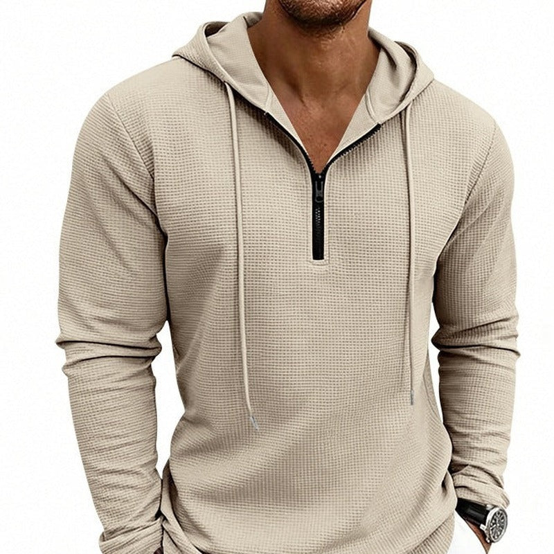 Men's textured quarter-zip hoodie in beige, worn, front view