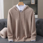 Men's lightweight knit hoodie in taupe, on a hanger, front view