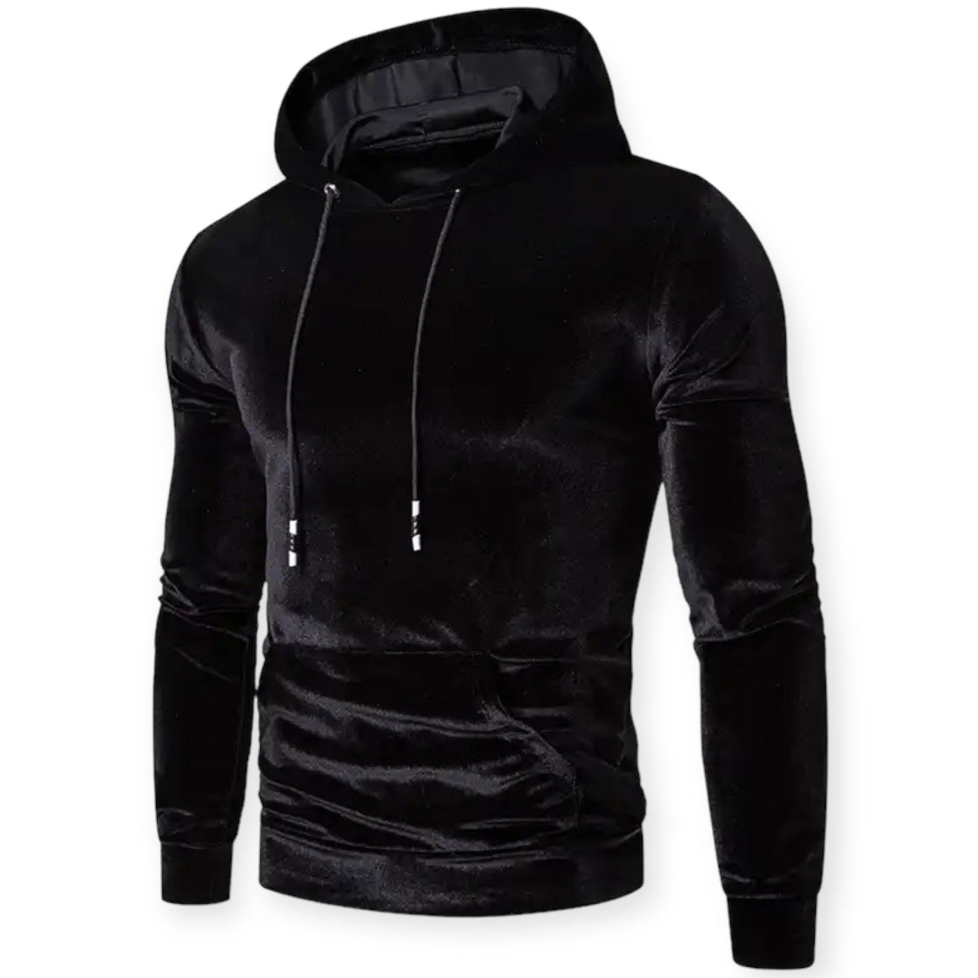 Men's velvet hoodie in black, front view