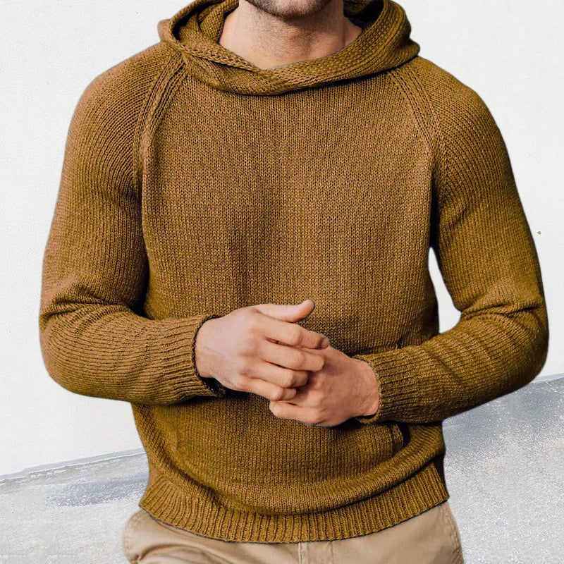 Men's knitted hooded jumper in brown, worn, front view