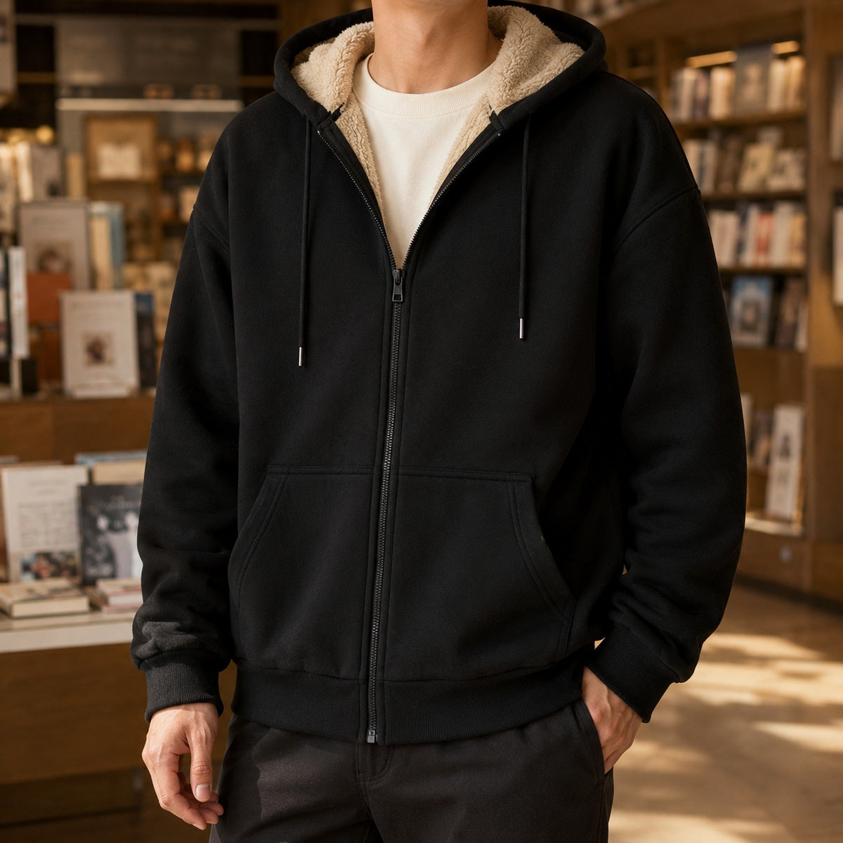 Men's zip-through hoodie in black, worn, front view
