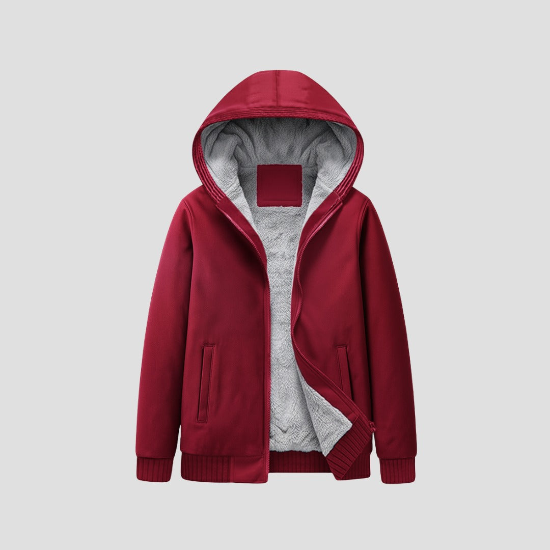 Men's sherpa-lined zip hoodie in burgundy, front view