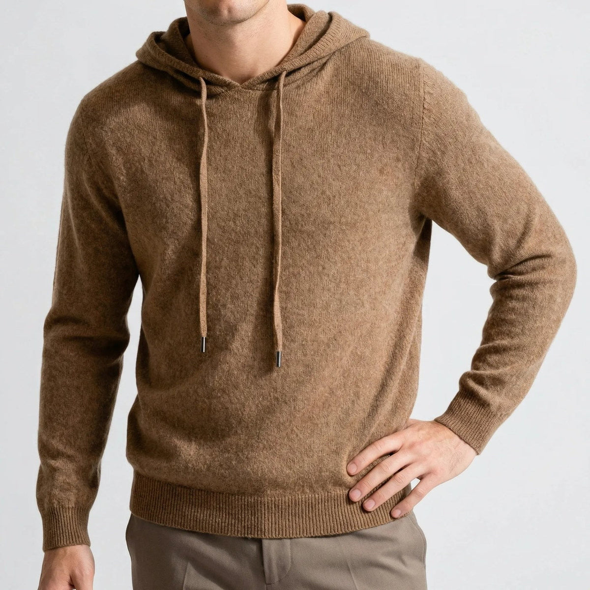 Men's fine-knit hooded jumper in brown, worn, front view