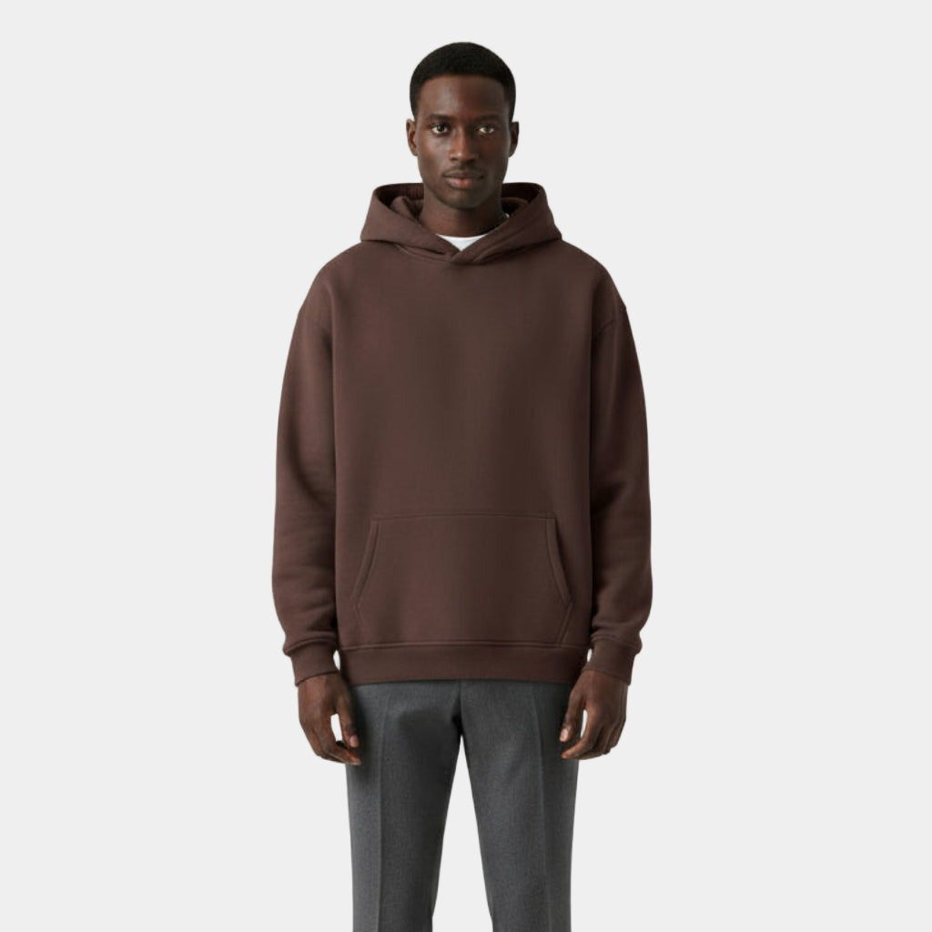 Men's heavyweight hoodie in dark brown, worn, front view