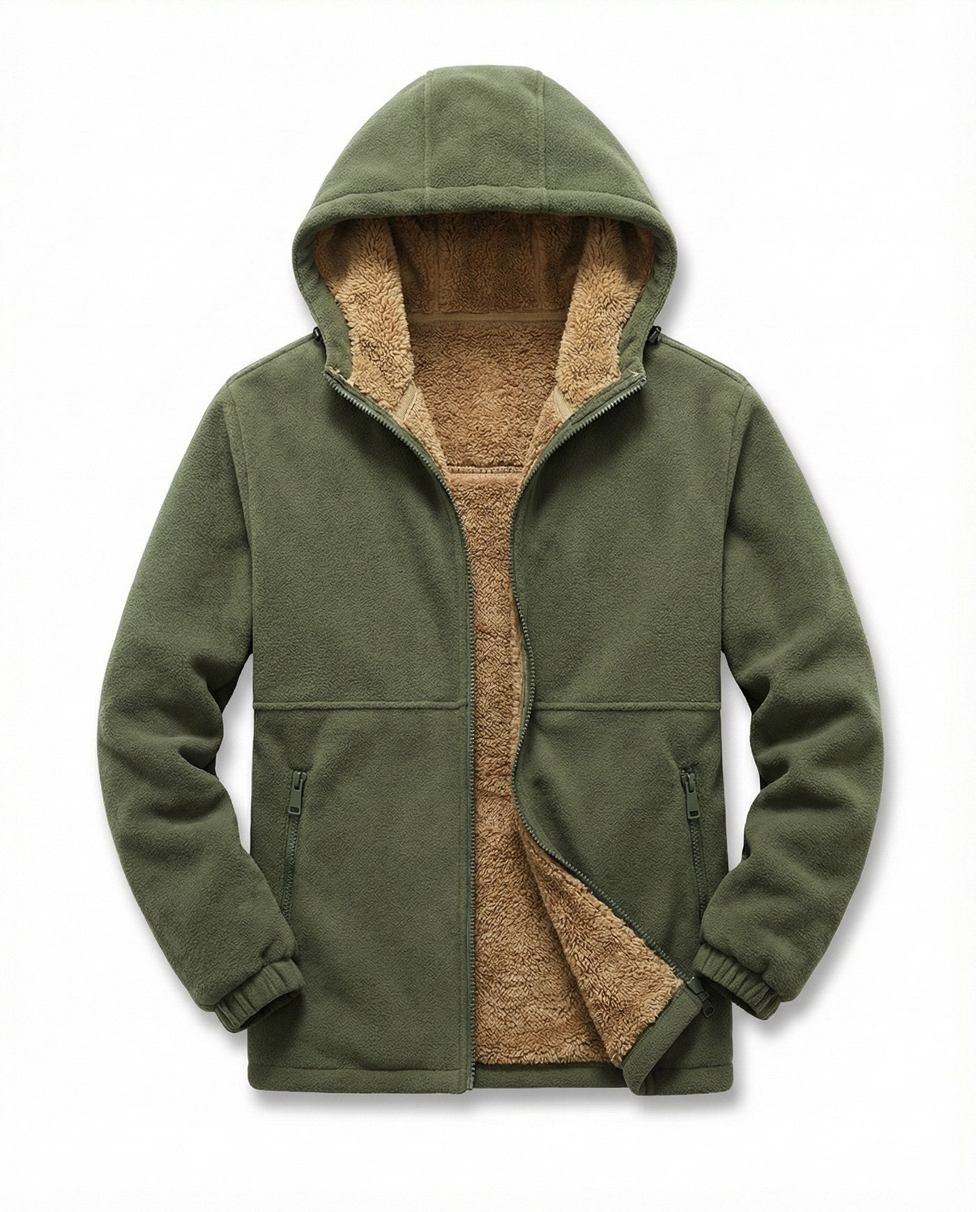Men's sherpa-lined zip-up fleece in army green, front view