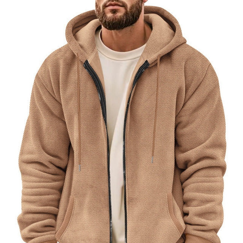 Men's waffle zip hoodie in camel, worn, front view